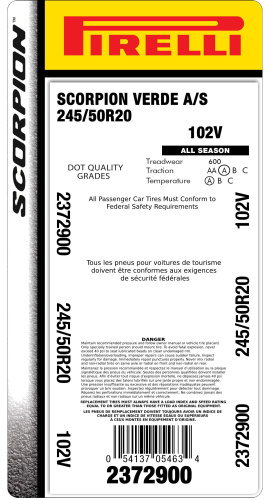Автомобильные шины
 
Pirelli
 
Scorpion Verde All Season
 
245/50 R20 102V